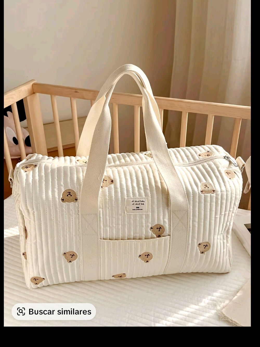 Cream Quilted Weekender Bag with Bear Motif